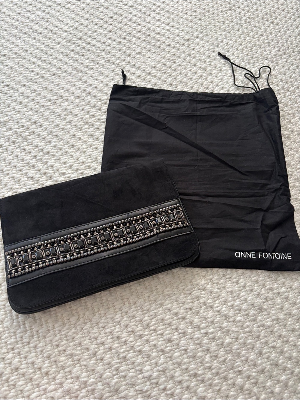 Anne Fontaine Black Beaded Suede Fold-Over Clutch